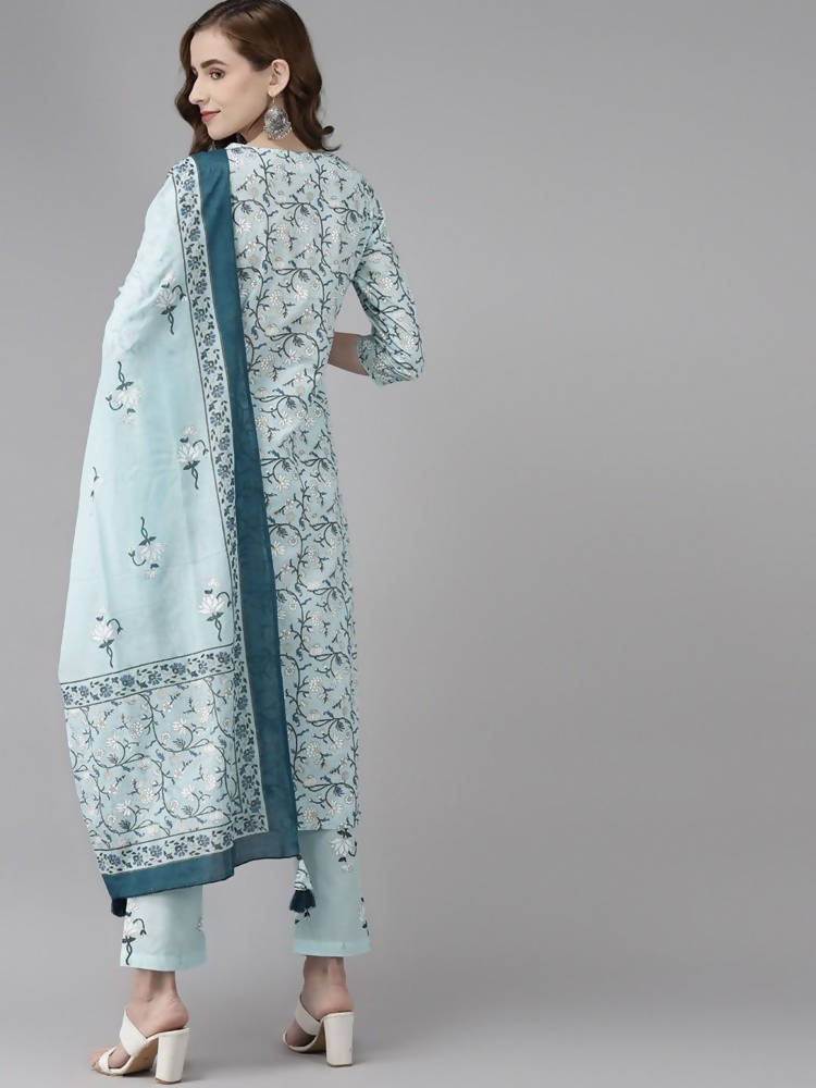 Yufta Women Blue & White Floral Printed Pure Cotton Kurta with Trouser & Dupatta | Grab2Buy