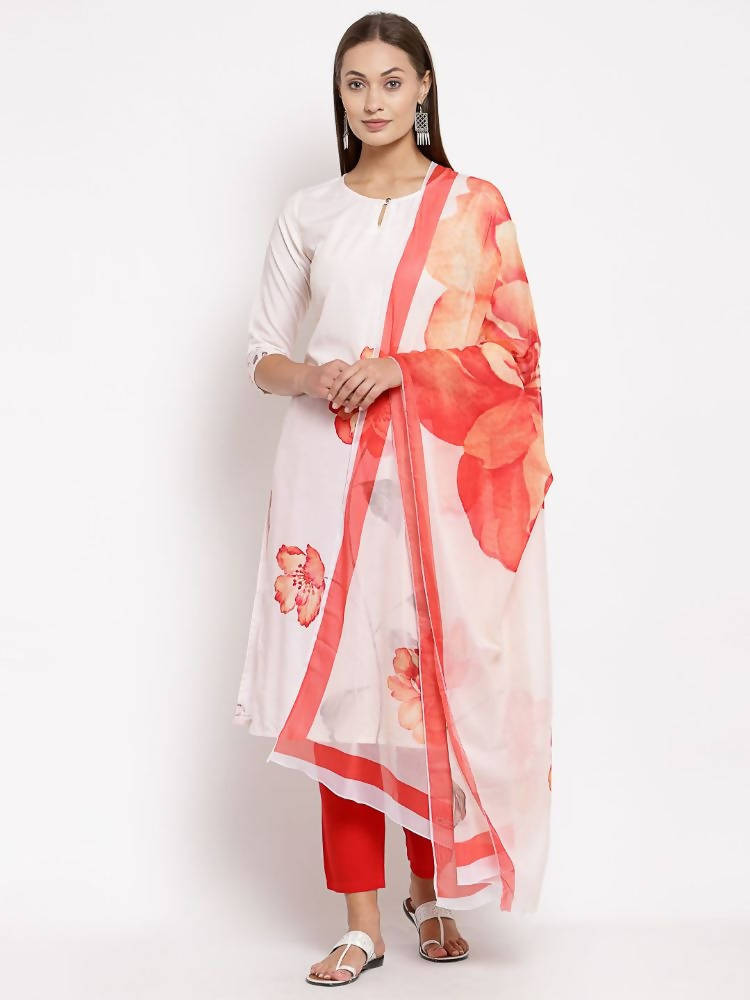 Myshka Women's White Printed Cotton Printed 3/4 Sleeve Round Neck Casual Kurta Pant Dupatta Set | Grab2Buy