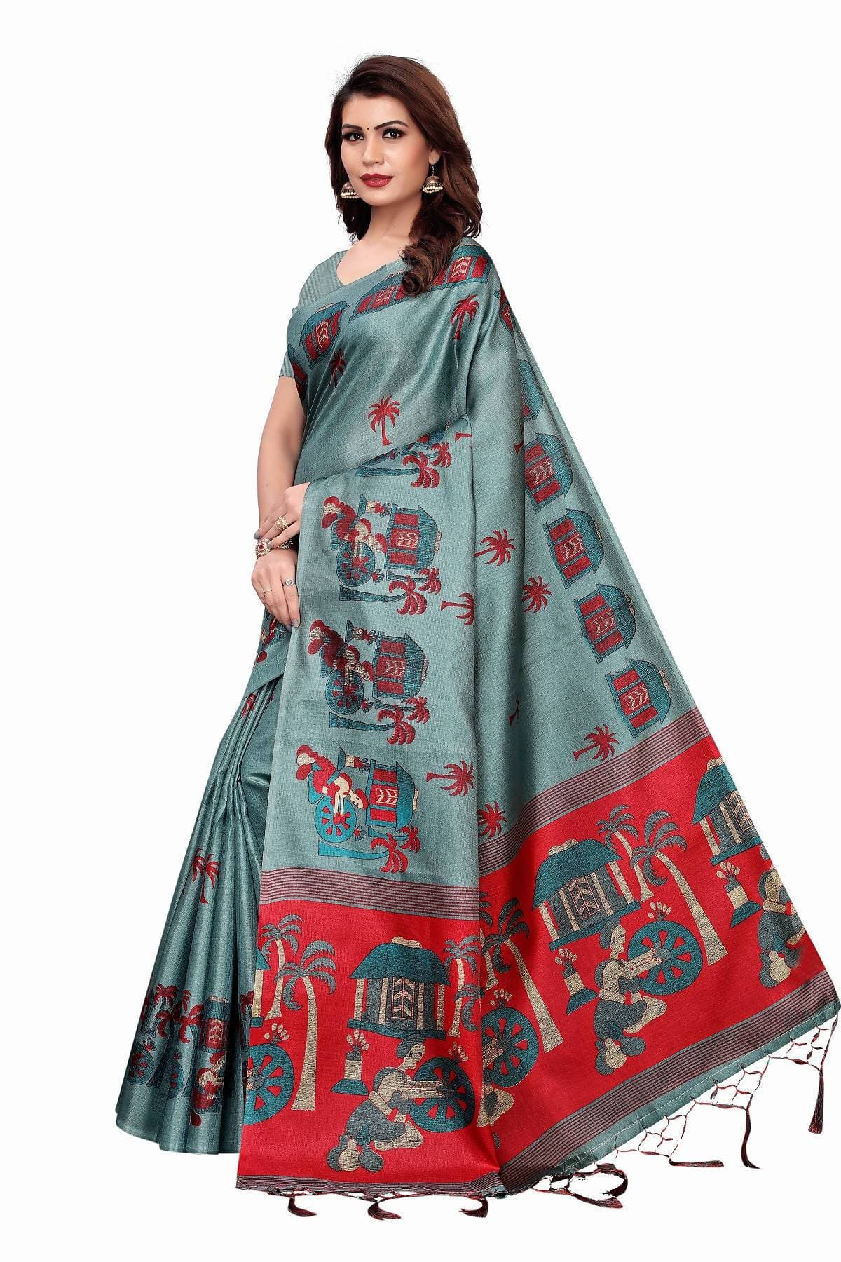 Vamika Sea Green Kalamkari With Jhalar Khadi Silk Saree | Grab2Buy