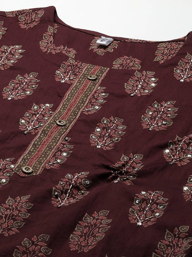 Yufta Women Maroon Ethnic Motifs Regular Sequinned Pure Cotton Kurta with Trouser | Grab2Buy