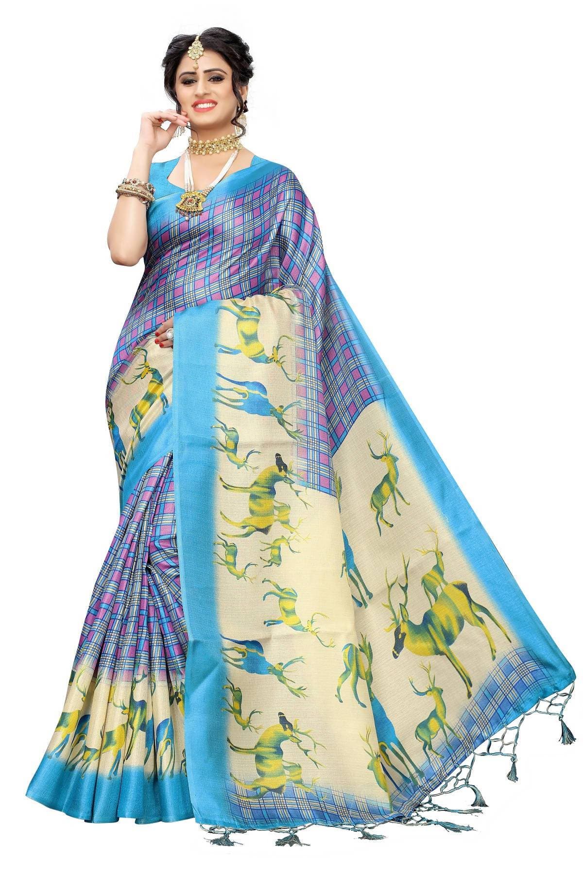 Vamika Multicolor & Sky Blue Kalamkari With Jhalar Khadi Silk Saree | Grab2Buy