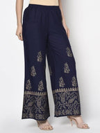 Aniyah Rayon Navy Blue Color Block Print Flared Slip-On Palazzo (AN-211K) | Grab2Buy