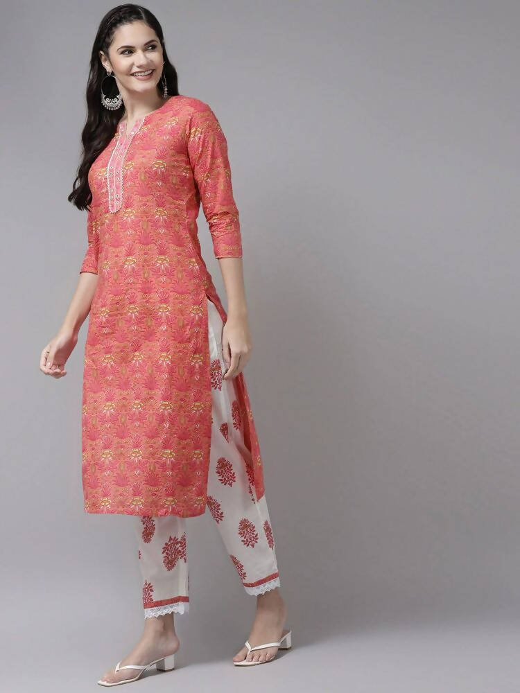 Yufta Women Pink & White Ethnic Motifs Printed Mirror Work Kurta with Palazzo & Dupatta | Grab2Buy
