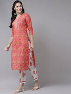 Yufta Women Pink & White Ethnic Motifs Printed Mirror Work Kurta with Palazzo & Dupatta | Grab2Buy
