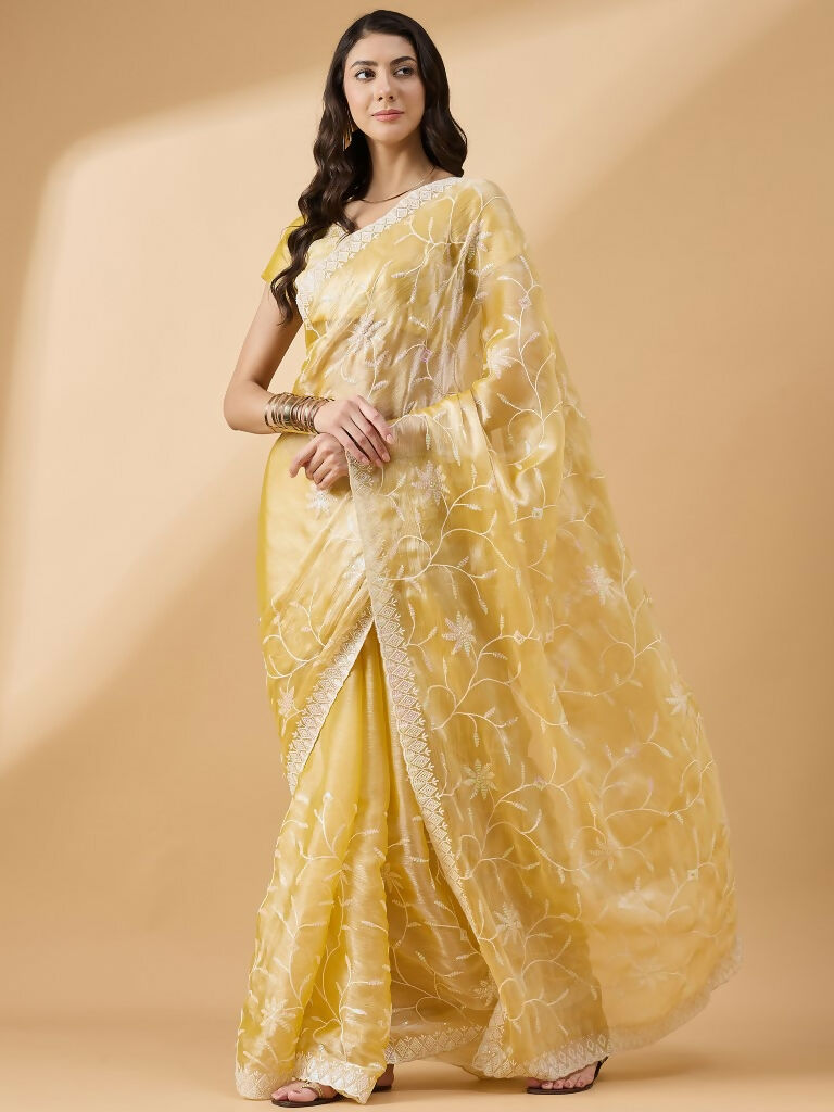 Pink Tissue Slub Embroidered Saree with Unstitched Blouse - Vairagi | Grab2Buy