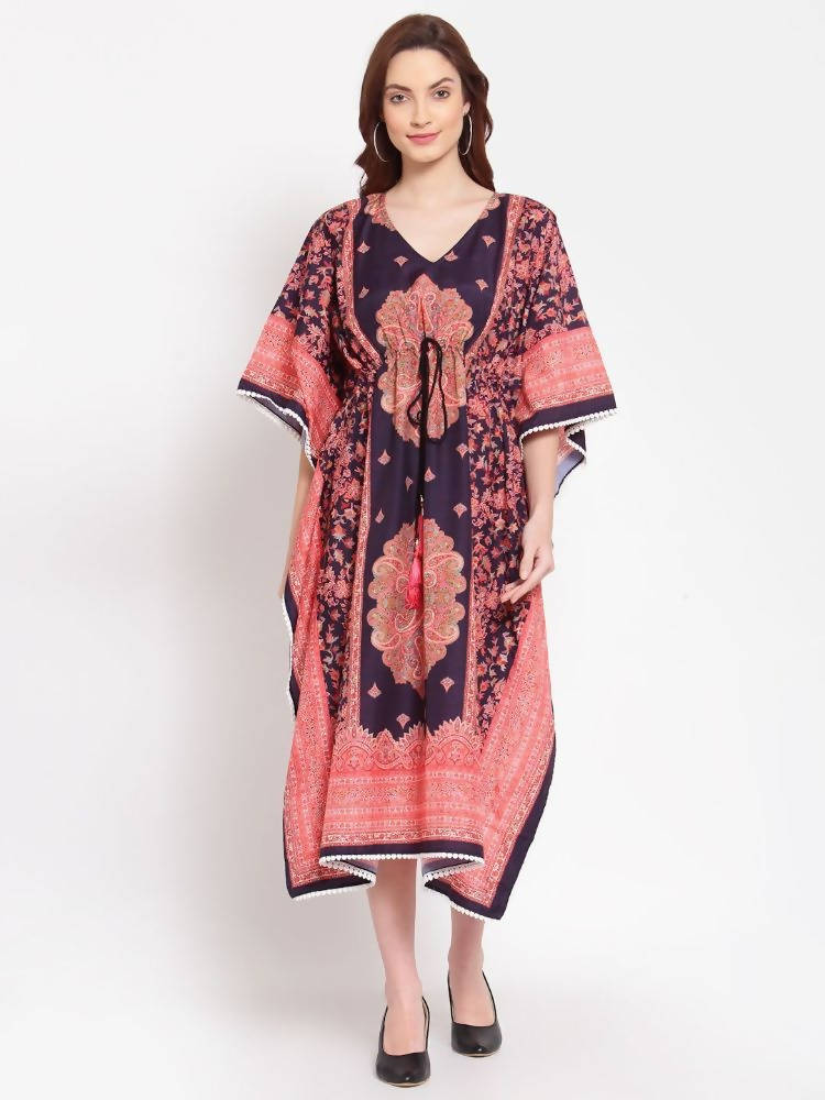 Myshka Women's Multi Printed Cotton 3/4 Sleeve V Neck Casual Kaftan Dress | Grab2Buy