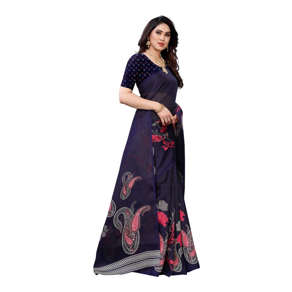 Vamika Printed Jute Silk Blue Saree (Leo Navy) | Grab2Buy