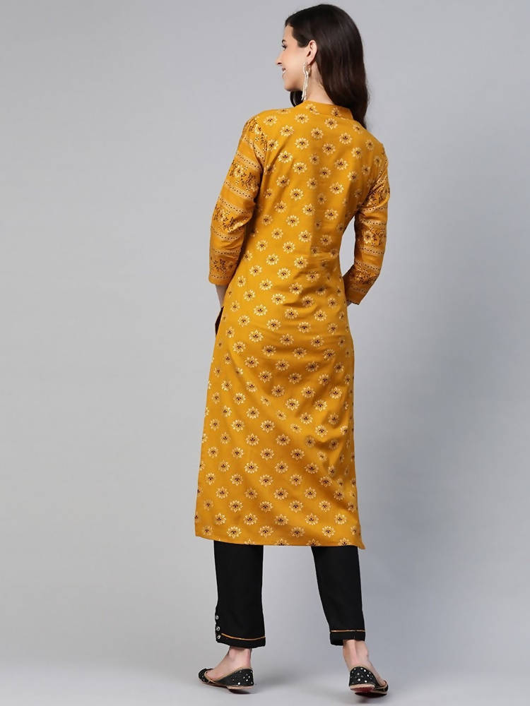 Yufta Women Mustard Yellow & Black Ethnic Motifs Printed Pure Cotton Kurta with Trouser | Grab2Buy