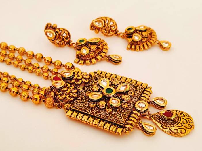 Designer Antique Bridal Gold Long Necklace Set | Grab2Buy