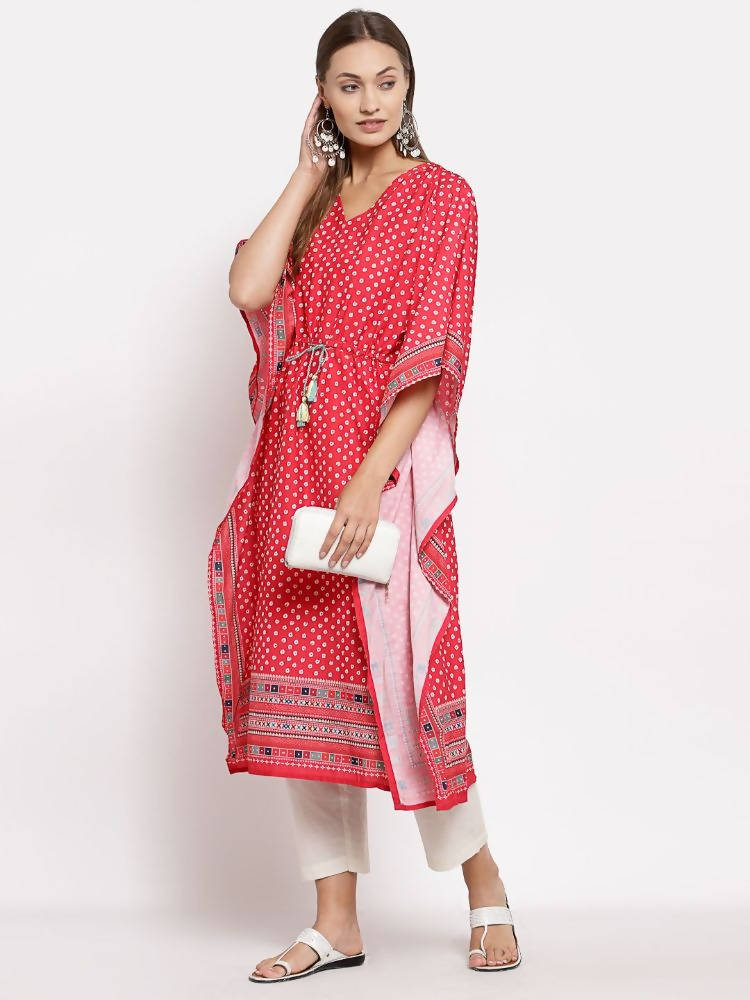 Myshka Women's Red Cotton Printed 3/4 Sleeve V Neck Casual Kaftan | Grab2Buy