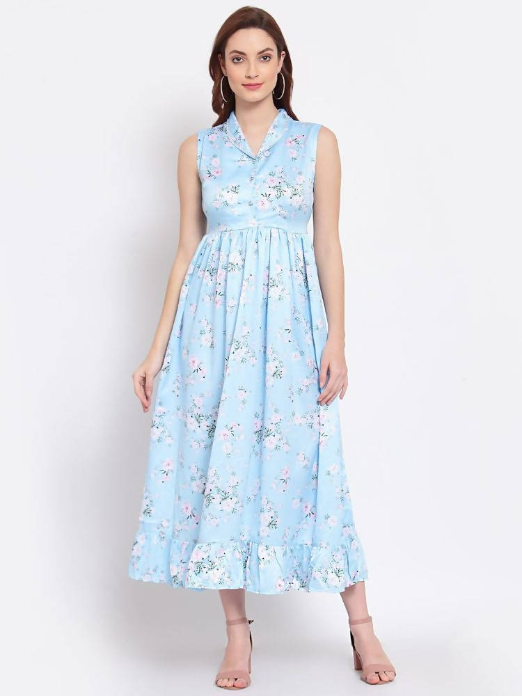 Myshka Women's Sky Blue Printed Cotton Blend Sleeveless Coller Casual Dress | Grab2Buy