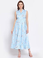 Myshka Women's Sky Blue Printed Cotton Blend Sleeveless Coller Casual Dress | Grab2Buy
