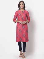 Myshka Women's Pink Printed 3/4 Sleeve Rayon Round Neck Casual Kurta | Grab2Buy