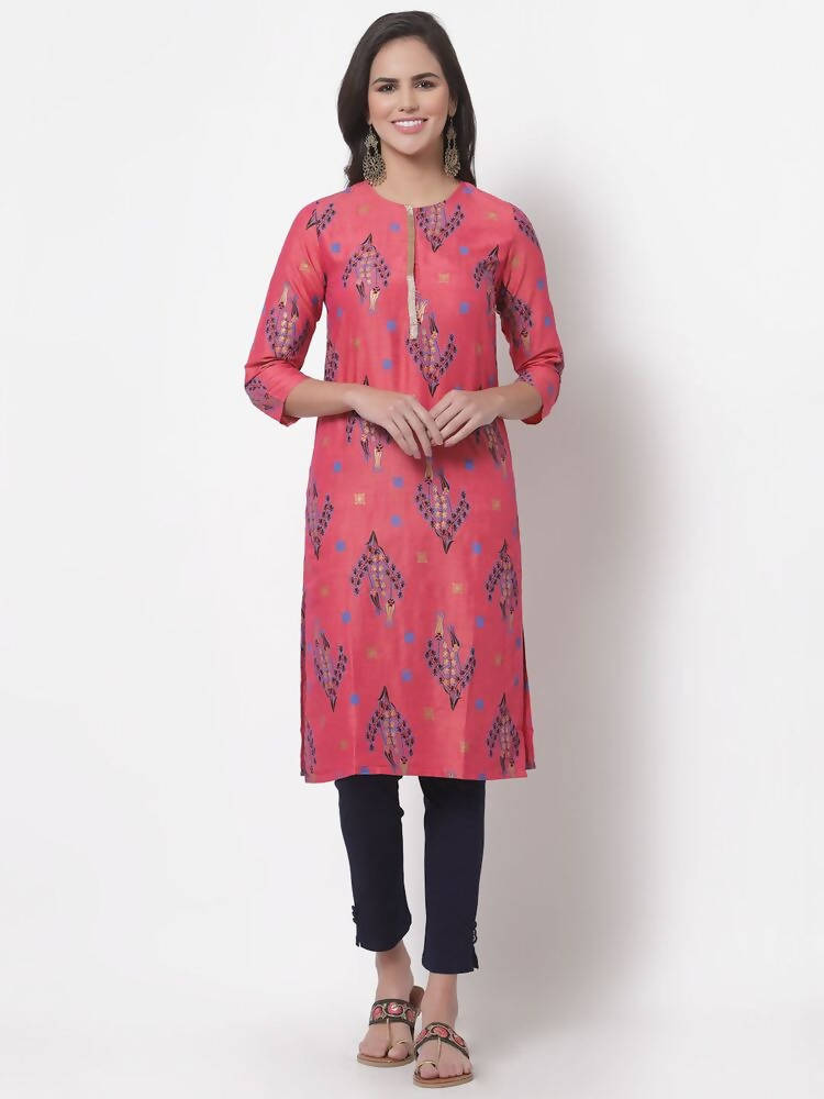 Myshka Women's Pink Printed 3/4 Sleeve Rayon Round Neck Casual Kurta | Grab2Buy