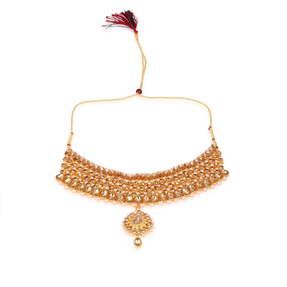Tehzeeb Creations Stone And Pearl Studded Necklace With Earrings And Tikka | Grab2Buy