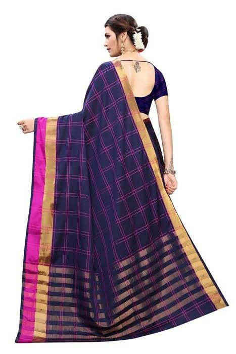 Vamika Navy Cotton Silk Weaving Saree (Rimi Checks Navy) | Grab2Buy