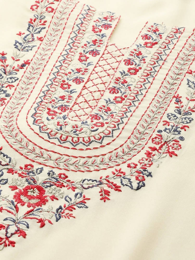 Yufta Women Cream-Coloured Ethnic Motifs Embroidered Regular Thread Work Kurta with Palazzo & With Dupatta | Grab2Buy