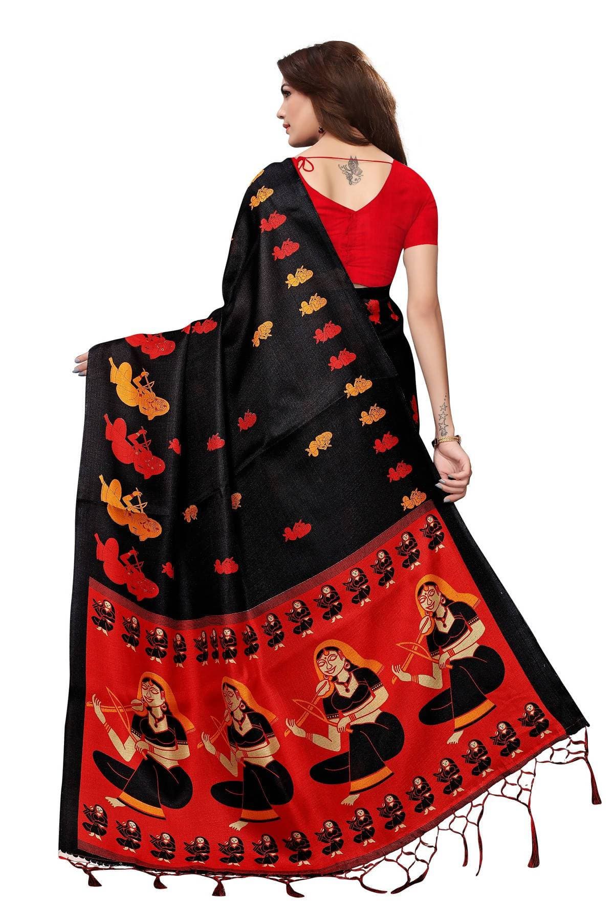 Vamika Black & Red Kalamkari With Jhalar Khadi Silk Saree | Grab2Buy