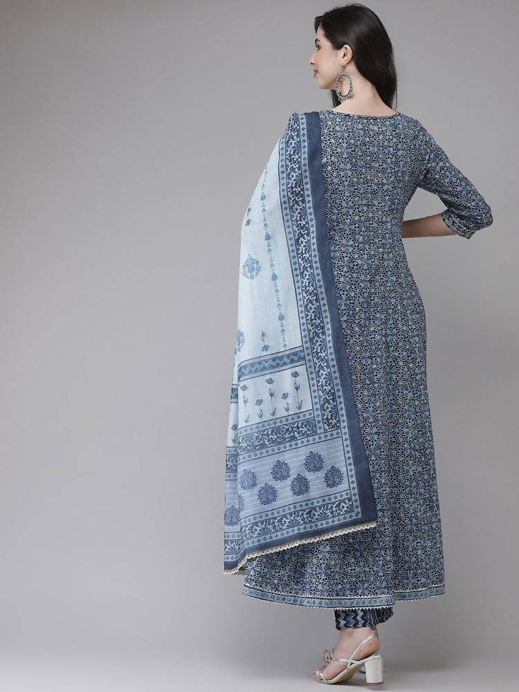 Yufta Women Blue Floral Yoke Design Angrakha Pure Cotton Kurta with Trouser With Dupatta | Grab2Buy