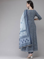 Yufta Women Blue Floral Yoke Design Angrakha Pure Cotton Kurta with Trouser With Dupatta | Grab2Buy