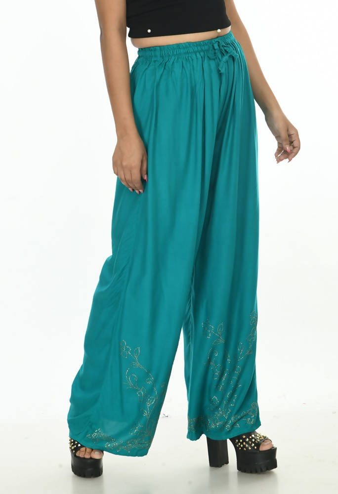 Mominos Fashion Moeza Reyon Cotton Rama Green Color Sirsoki Work Palazzo | Grab2Buy